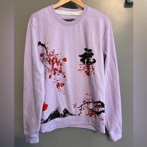 Blind Rooster Lavender Sweatshirt with Red Floral Japanese “Blessing” Design